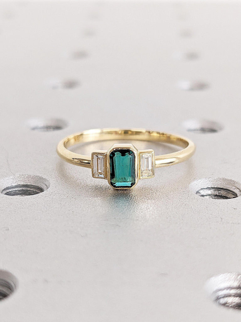 Baguette Lab Emerald Promise Ring for Her, Dainty 18K Yellow Gold Ring, Minimalist Gold Ring, Three Stone Ring, Engagement Rings for Women