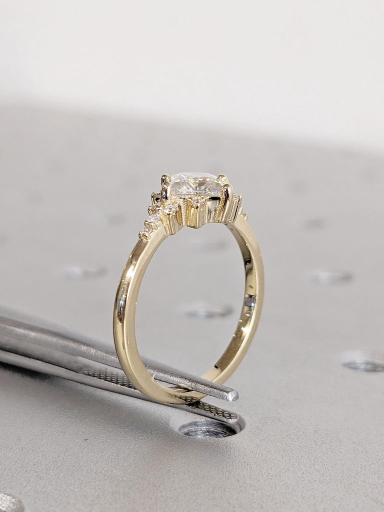 Delicate Princess Moissanite Engagement Ring in Yellow Gold | Wedding Ring Cluster Diamond Ring | Promise Ring | Engraved Ring Gift for Her