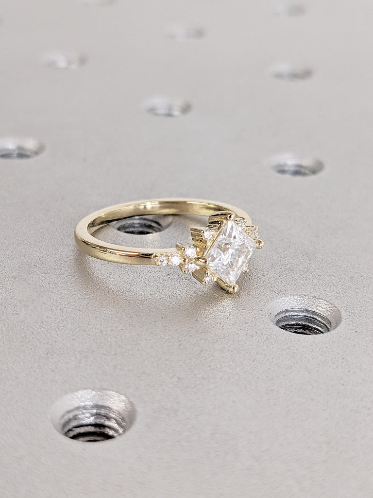 Delicate Princess Moissanite Engagement Ring in Yellow Gold | Wedding Ring Cluster Diamond Ring | Promise Ring | Engraved Ring Gift for Her