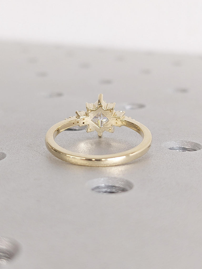 Delicate Princess Moissanite Engagement Ring in Yellow Gold | Wedding Ring Cluster Diamond Ring | Promise Ring | Engraved Ring Gift for Her