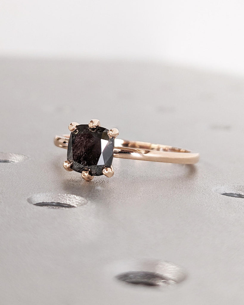 Galaxy Raw Salt and Pepper Diamond Ring- Cushion Cut Diamond Engagement Rings- Unique Bridal Geometric Diamond Promise Ring- Minimalist Ring