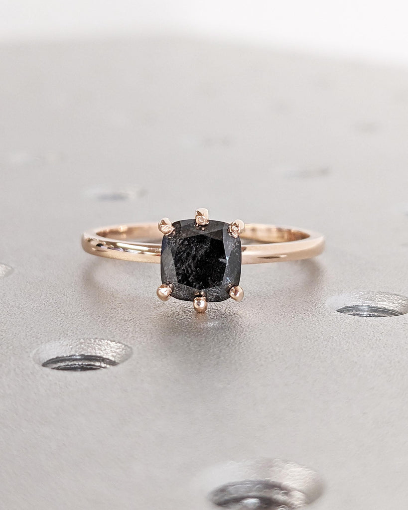 Galaxy Raw Salt and Pepper Diamond Ring- Cushion Cut Diamond Engagement Rings- Unique Bridal Geometric Diamond Promise Ring- Minimalist Ring