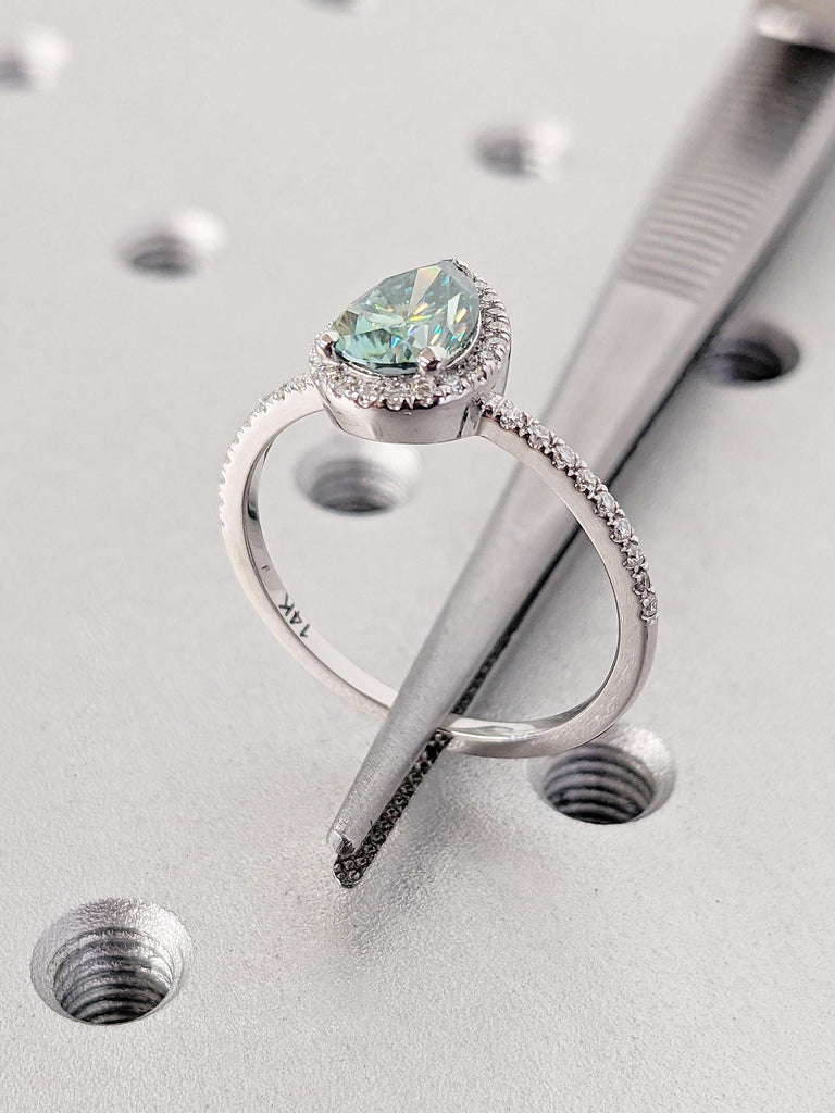 14k Gold Teal Moissanite Pear Cut Solitaire Ring | VVS Peacock Moissanite and Lab Diamond Alternative Engagement Ring | Diamond Halo Ring