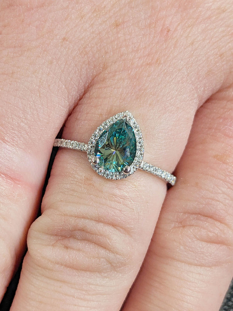 Green Moissanite Pear Cut Solitaire Ring | VVS Teal Moissanite and Lab Diamond Alternative Engagement Ring | Diamond Halo Ring | 14k White Gold Proposal Ring