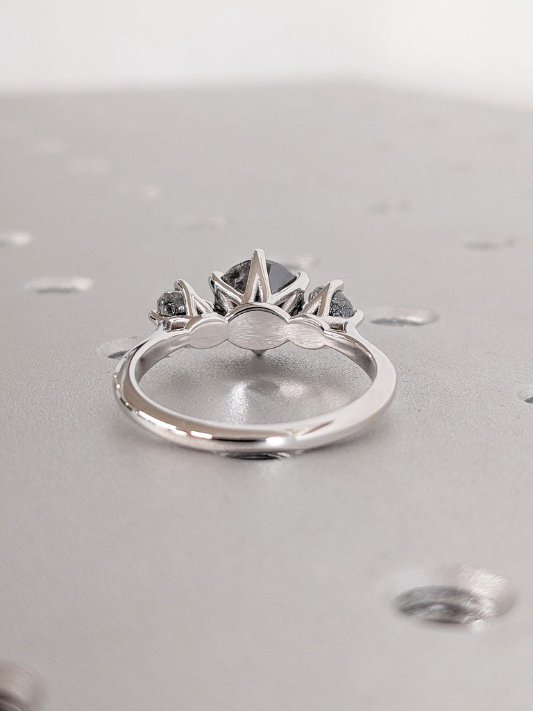 Unique Natural Grey Salt and Pepper Diamond Engagement Ring | Three Stone Promise Ring | 18K White Gold Ring | Trellis Ring | Round Diamond