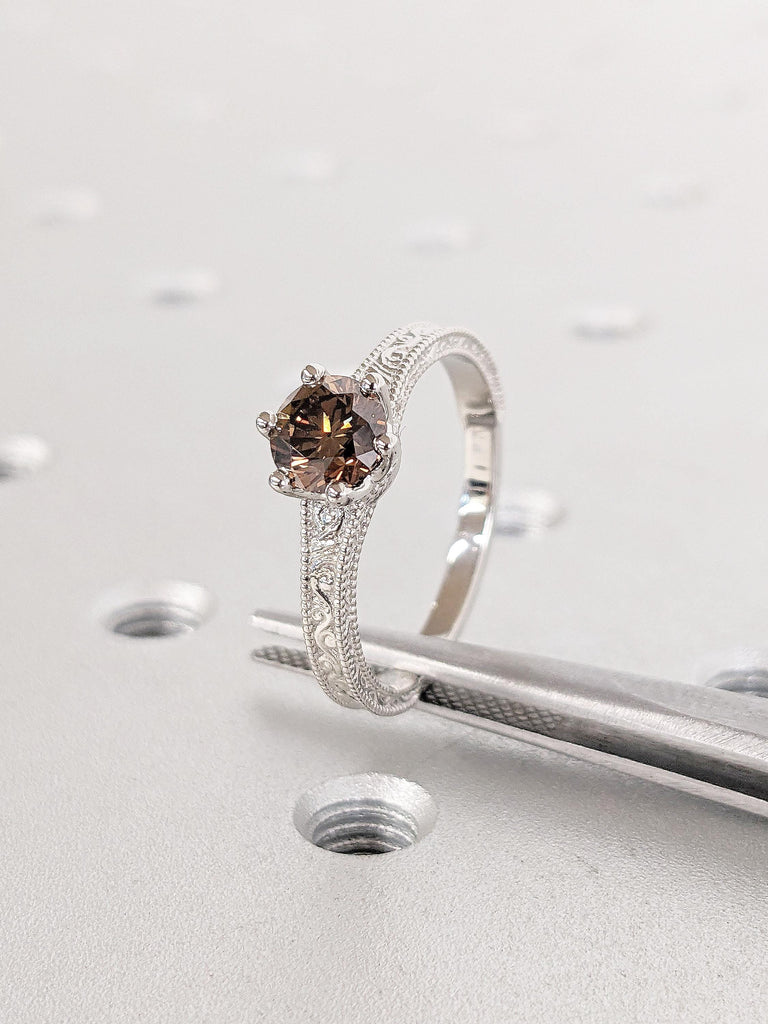 0.5ct Champagne Diamond Engagement Ring, Platinum Diamond Ring, Unique Solitaire Ring, Promise Ring for Her, Filigree Ring, Milgrain Ring