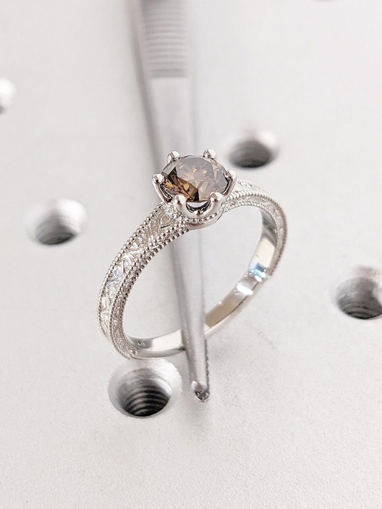 0.5ct Champagne Diamond Engagement Ring, Platinum Diamond Ring, Unique Solitaire Ring, Promise Ring for Her, Filigree Ring, Milgrain Ring