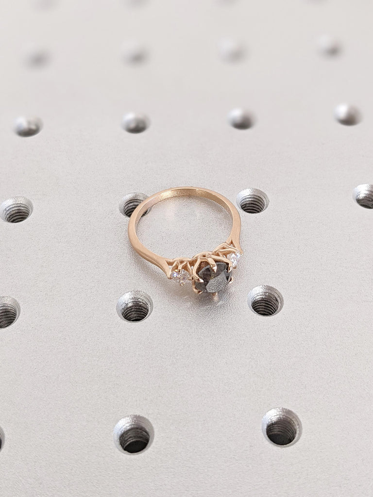 Unique 14K Solid Rose Gold Salt and Pepper 3-Stone White Diamond Ring, Vintage Claw Prong Salt & Pepper Wedding Ring, Christmas Gift for Her