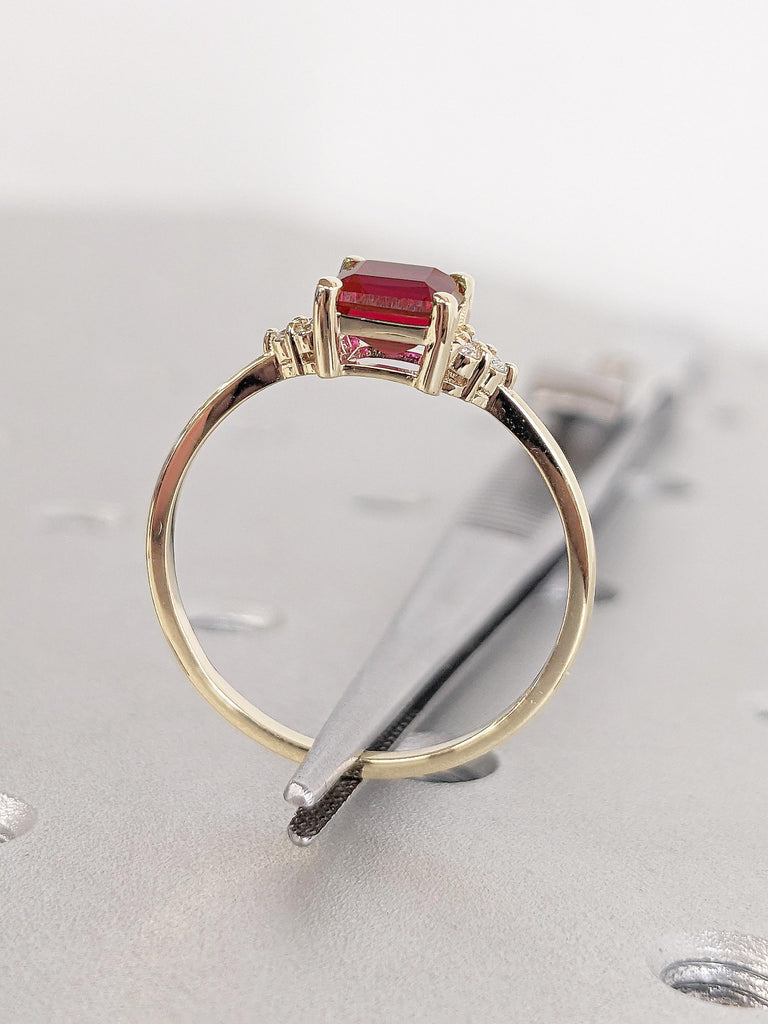 Asscher Cut Lab Ruby Engagement Ring | Art Deco 14k Yellow Gold Ring | Dainty Red Ruby Ring | Promise Ring for Her | Wedding Rings for Women