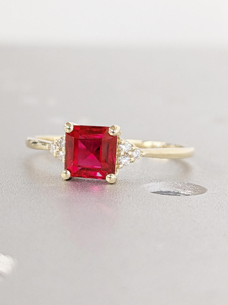 Asscher Cut Lab Ruby Engagement Ring | Art Deco 14k Yellow Gold Ring | Dainty Red Ruby Ring | Promise Ring for Her | Wedding Rings for Women