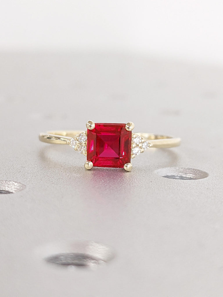 Asscher Cut Lab Ruby Engagement Ring | Art Deco 14k Yellow Gold Ring | Dainty Red Ruby Ring | Promise Ring for Her | Wedding Rings for Women