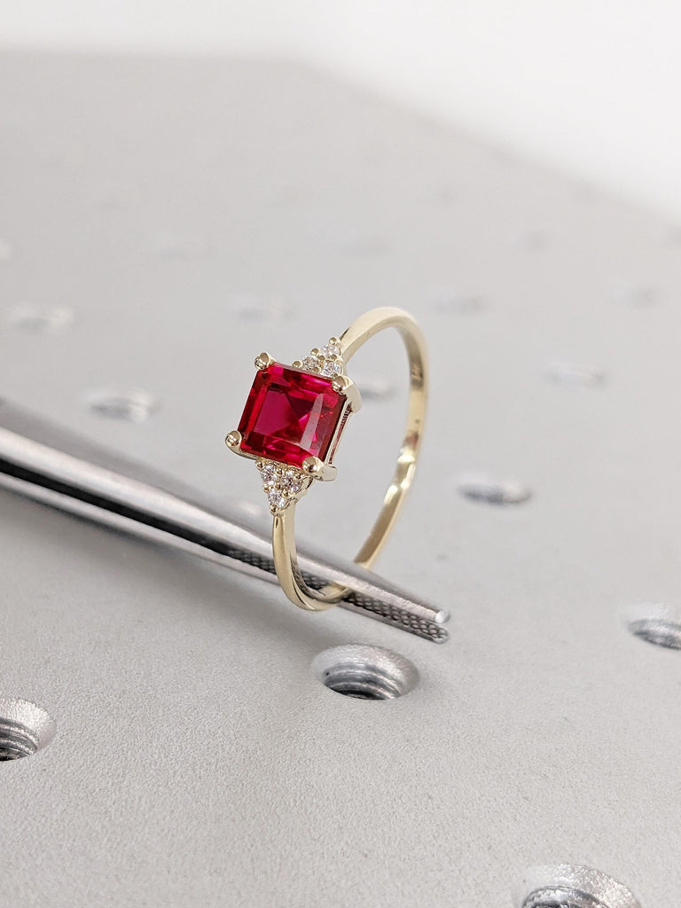 Asscher Cut Lab Ruby Engagement Ring | Art Deco 14k Yellow Gold Ring | Dainty Red Ruby Ring | Promise Ring for Her | Wedding Rings for Women