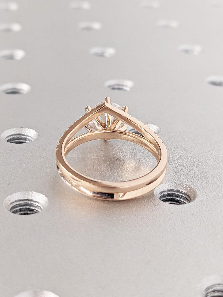 Real Rose Gold Moissanite Cluster Stacking Ring | Round cut Colorless Moissanite Promise Anniversary Ring Set Gift | Chevron V Shaped Ring