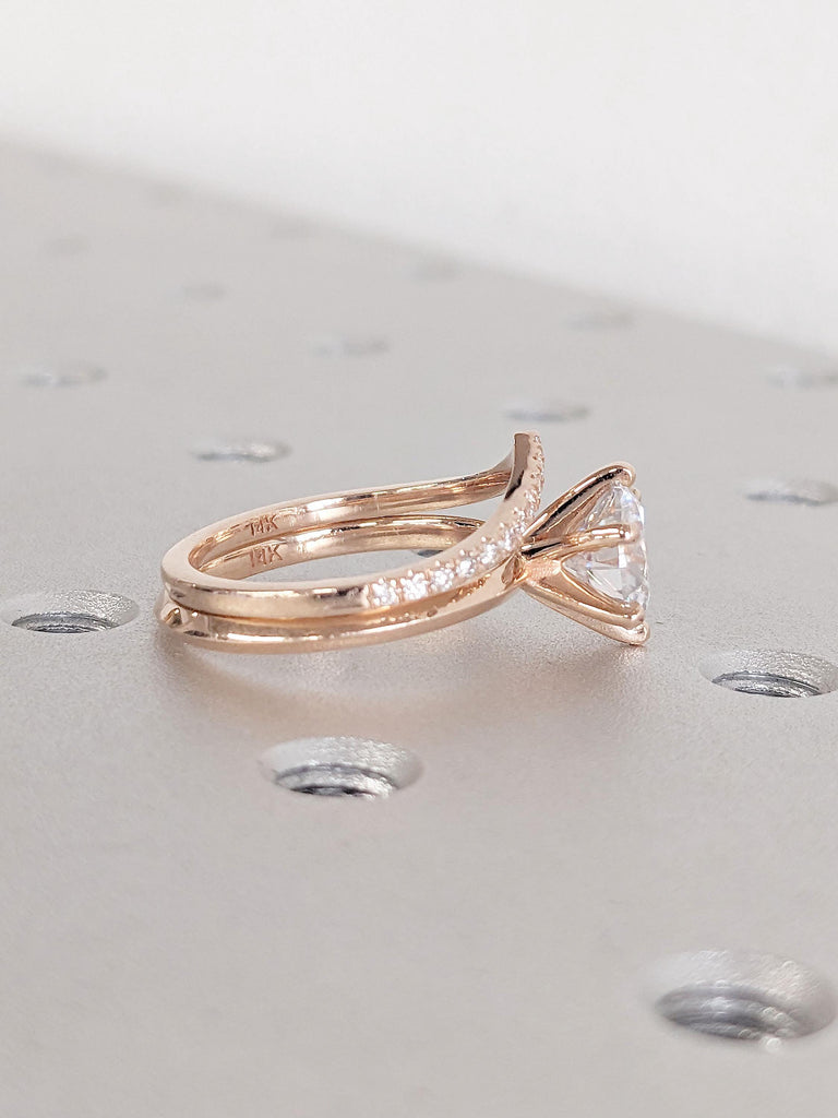 Lab Created Diamond Engagement Ring Set | Lab Grown Diamond Ring | Round Certified Lab Diamond Ring | 14k Rose Gold Bridal Ring Gift for Her