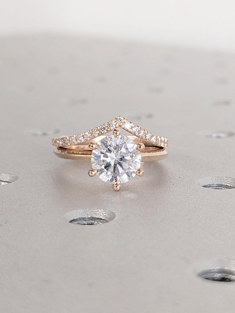 Round Lab Grown Diamond Stacking Ring Bridal Set | Round Diamond Thin Engagement Ring | Dainty Ring | 14K Rose Gold Woman Solitaire Ring