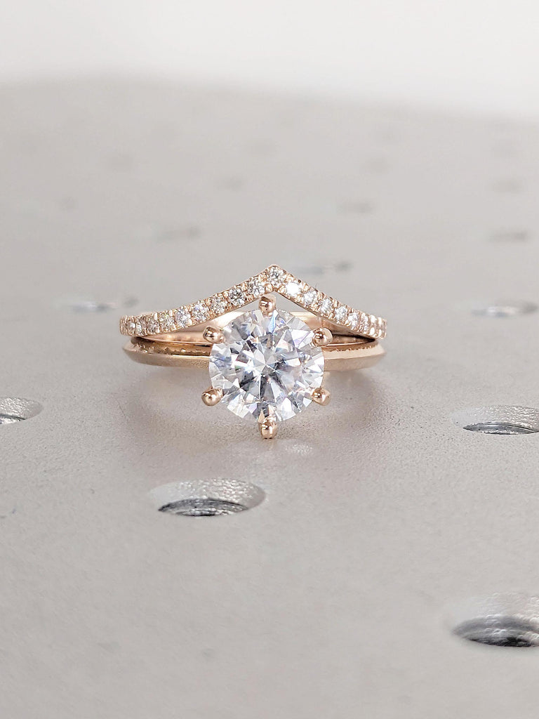 Round Engagement Ring Set in 14k Solid Rose Gold | 1.5, 2 CT Lab Created Diamond Stacking Ring | Solitaire Ring | Curve Diamond Cluster Ring