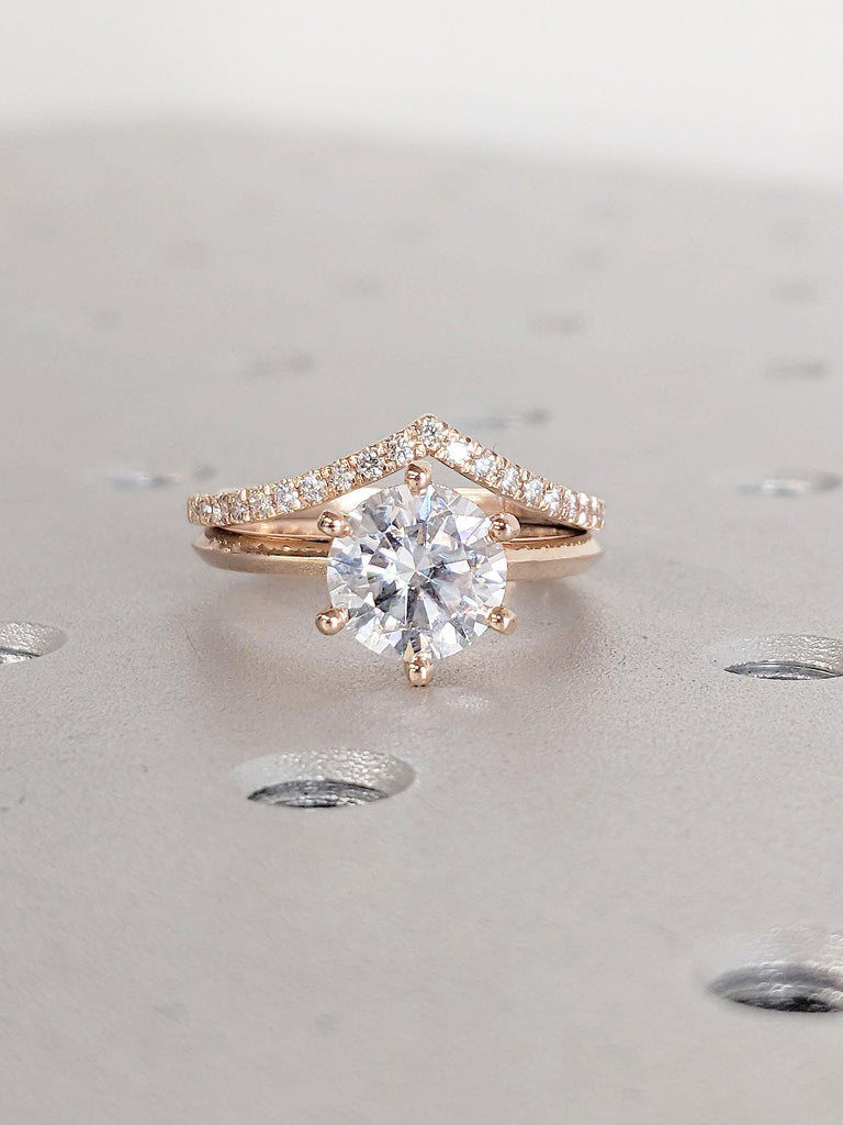 Lab Created Diamond Engagement Ring Set | Lab Grown Diamond Ring | Round Certified Lab Diamond Ring | 14k Rose Gold Bridal Ring Gift for Her