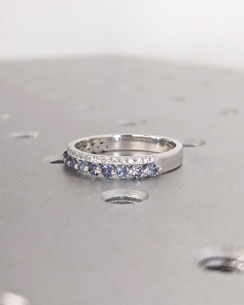 Pear Shape Moissanite Halo Engagement Ring Set | Solid White Gold Purple Alexandrite Stacking Ring | Unique Teal Moissanite Wedding Ring