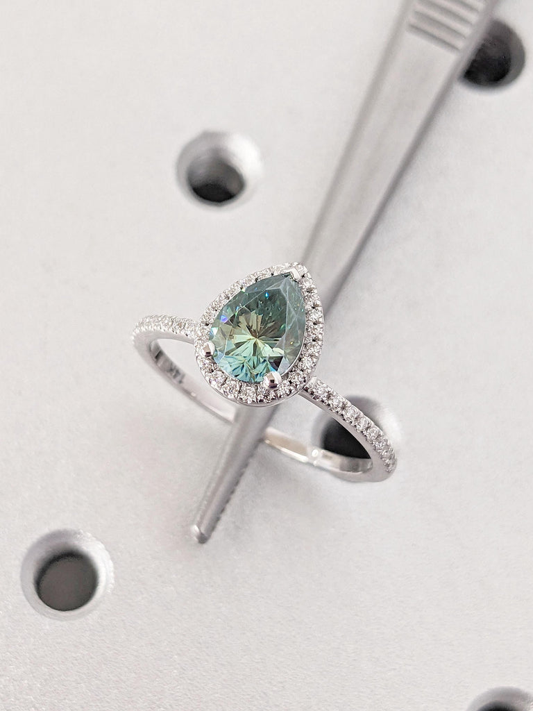 Teal Moissanite Pear cut Engagement Ring | Solid White Gold Half Eternity Band