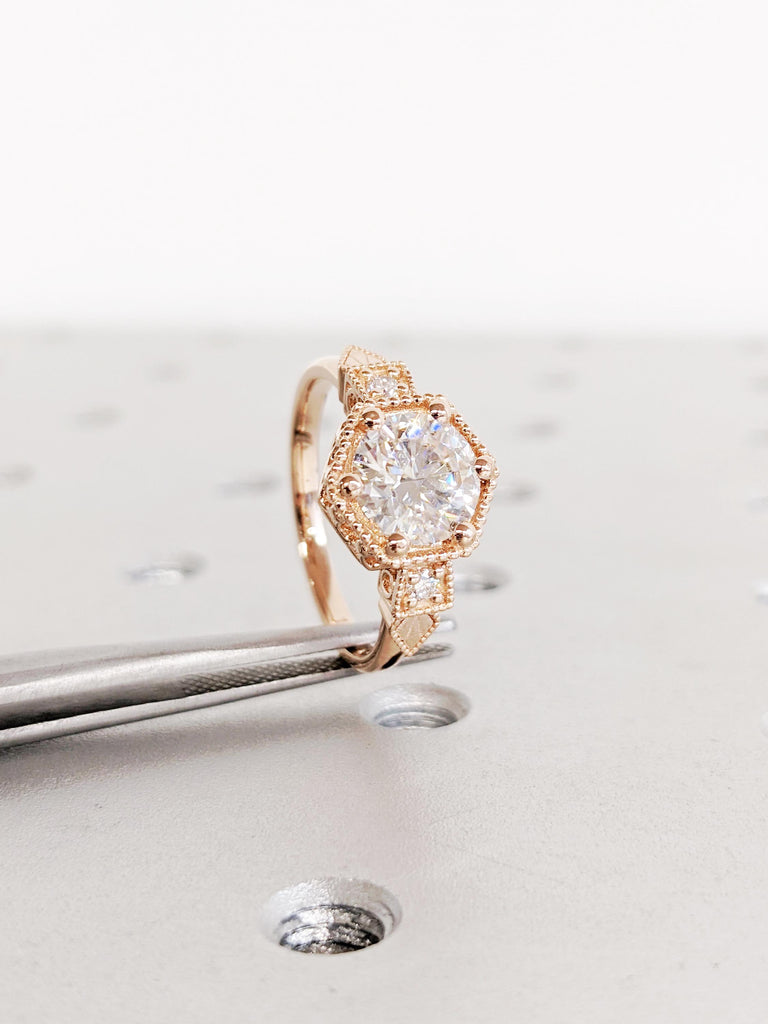 Vintage Moissanite Engagement Ring | 14K Rose Gold Diamond Ring | Art Deco Promise Rings for Women | Antique Milgrain Ring | Bridal Ring