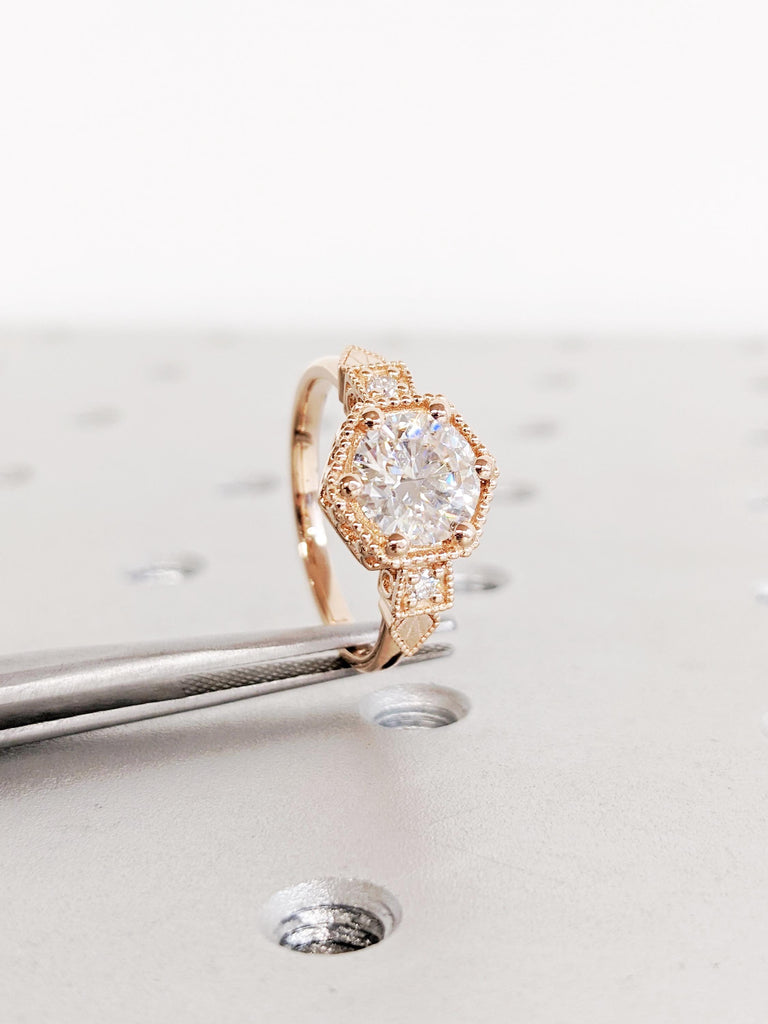 14K Rose Gold Moissanite Ring | Art Deco Moissanite Anniversary Ring | Dainty Wedding Rings for Women | Milgrain Ring | Unique Antique Ring