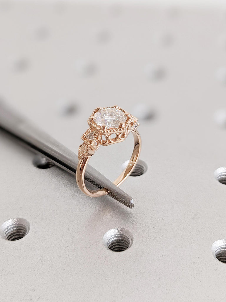 14K Rose Gold Moissanite Ring | Art Deco Moissanite Anniversary Ring | Dainty Wedding Rings for Women | Milgrain Ring | Unique Antique Ring