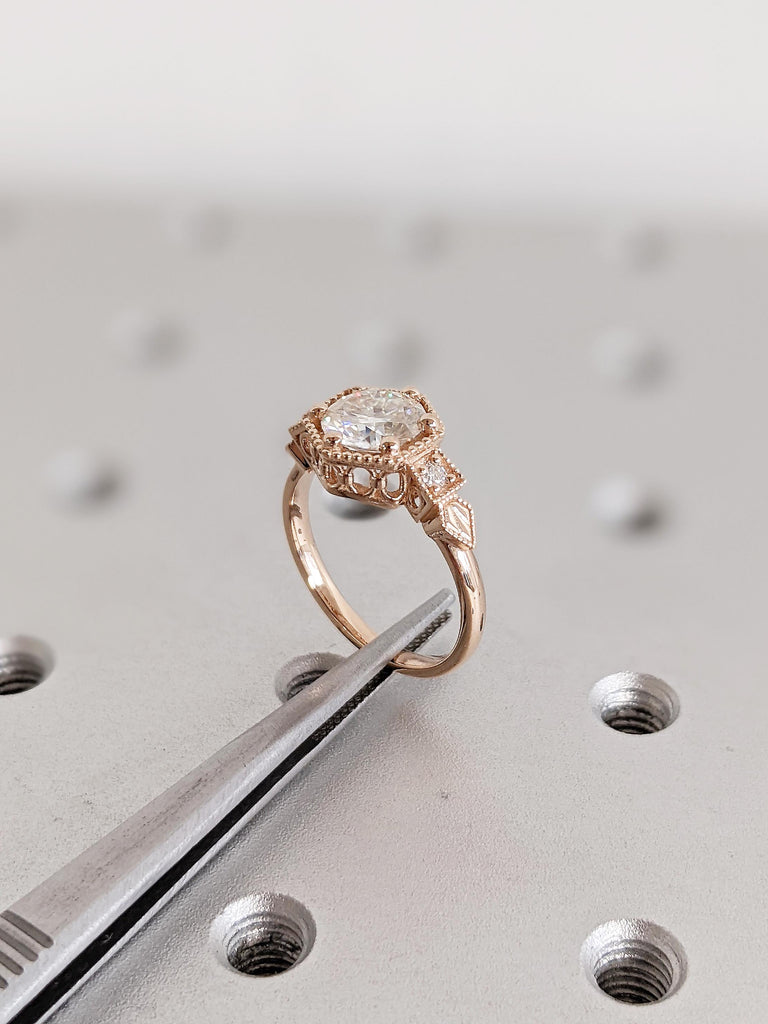 Vintage Moissanite Engagement Ring | 14K Rose Gold Diamond Ring | Art Deco Promise Rings for Women | Antique Milgrain Ring | Bridal Ring