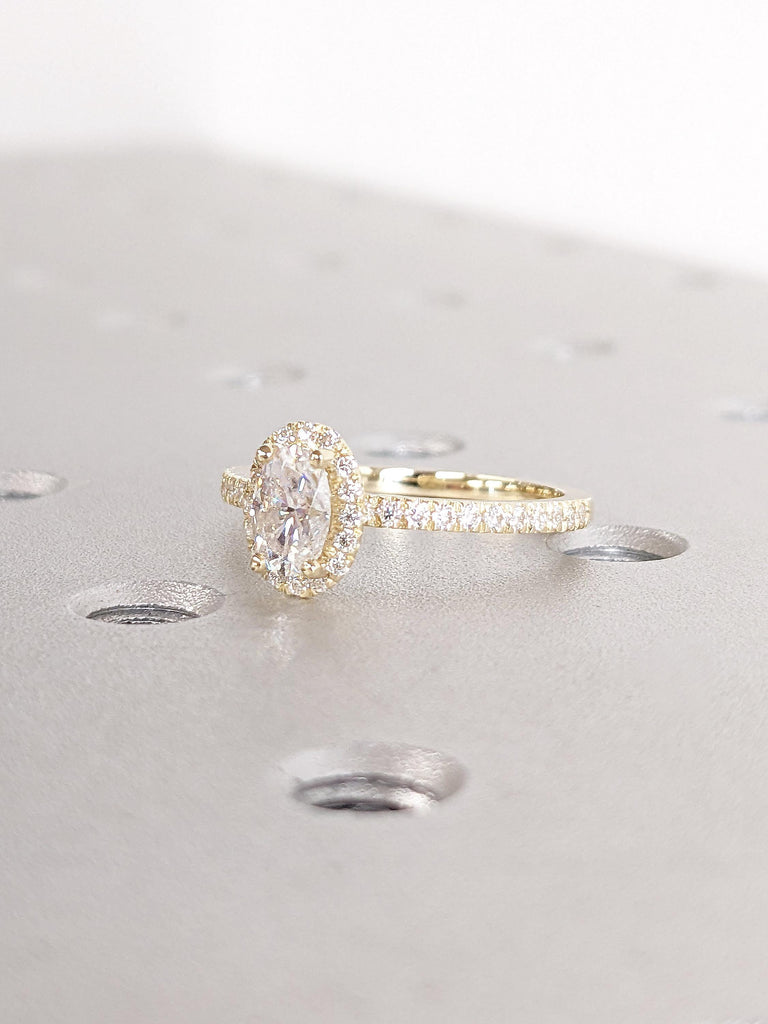 Delicate Moissanite Oval Halo Engagement Ring | Simple Promise Ring for Her | Real Yellow Gold Ring