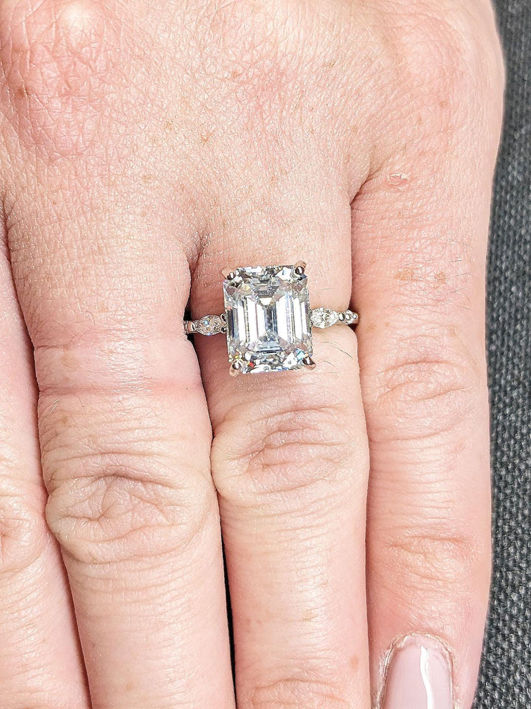 Vintage 3CT/4CT Emerald Cut Moissanite Engagement Ring | Promise Anniversary Ring For Women | Prong Set Wedding Ring, Platinum Proposal Ring