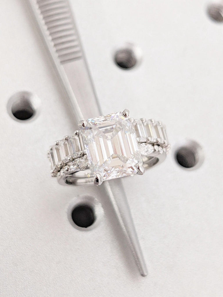 Emerald Cut Moissanite and Sparkling Lab Grown Diamonds Engagement Stacking Ring Set | Vintage White Gold Bridal Ring Set | Diamond Wedding Ring Set For Women Promise Anniversary Ring