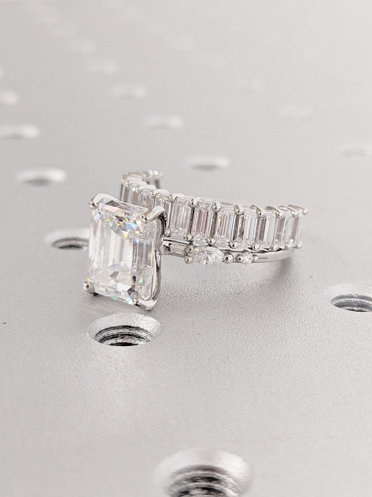 Emerald cut Moissanite Engagement Ring Set | Unique Platinum Engagement Ring Women | Emerald cut Cluster Ring | Diamond Bridal Promise ring