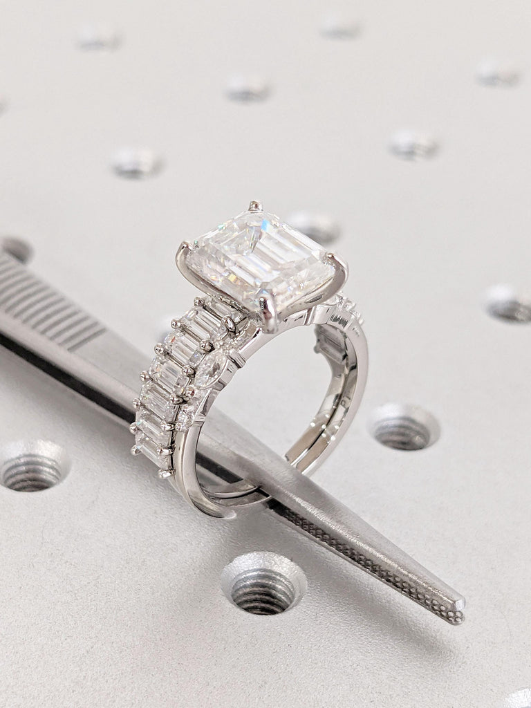 Emerald cut Moissanite Engagement Ring Set | Unique Platinum Engagement Ring Women | Emerald cut Cluster Ring | Diamond Bridal Promise ring