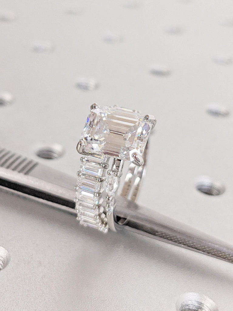 Unique Emerald cut Moissanite and Diamond Engagement Ring | Platinum Promise Anniversary Ring for Her | Bridal Ring Set | Stacking Ring