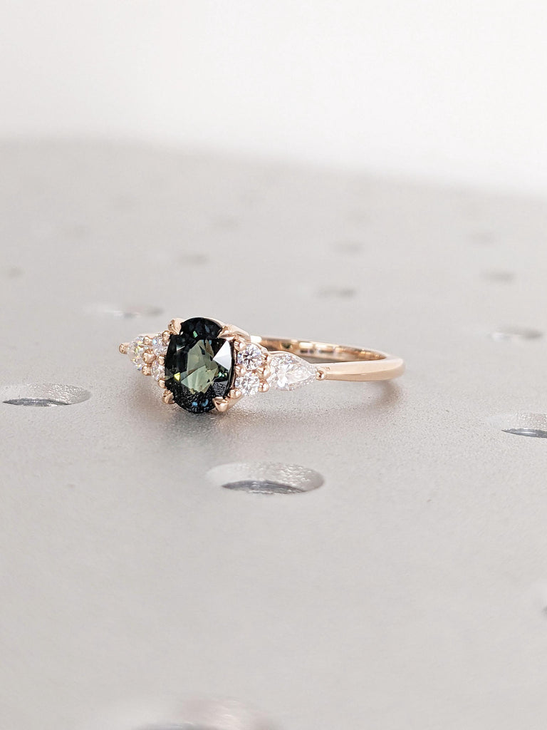 Pear and Round Moissanite Cluster Engagement Ring| Dainty Peacock Sapphire Ring | 18k Rose Gold Ring for Her