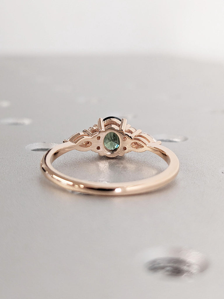 Unique Teal Sapphire and Diamond Engagement Ring For Her | Oval Sapphire Ring | Solid Rose Gold Promise Ring | Art Deco Diamond Cluster Ring