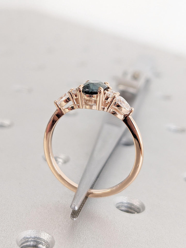 Unique Teal Sapphire and Diamond Engagement Ring For Her | Oval Sapphire Ring | Solid Rose Gold Promise Ring | Art Deco Diamond Cluster Ring