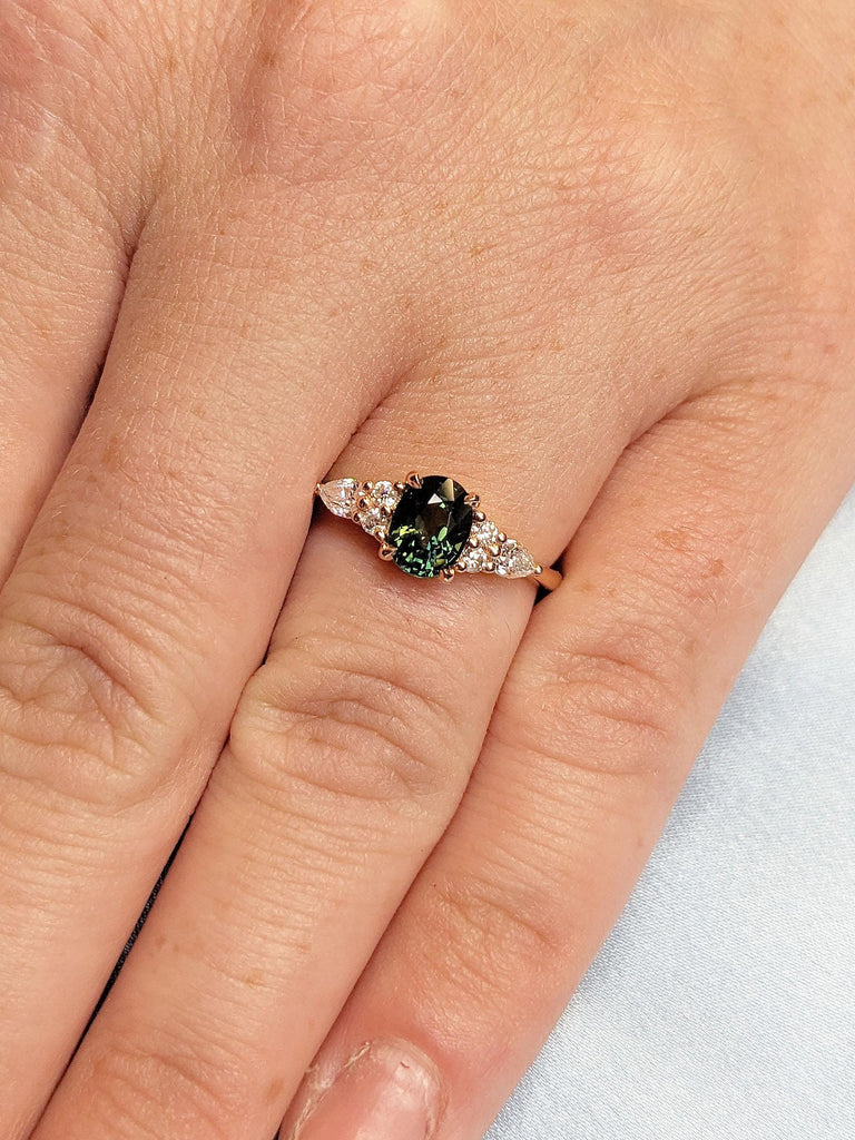 1CT Natural Sapphire Wedding Anniversary Ring for Wife | 18k Rose Gold Engagement Ring with Sparkling Diamond Cluster | Blue Green Gemstone