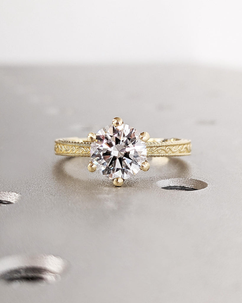 Art Deco Filigree Round Moissanite Solitaire Ring, Vintage Round Moissanite Engagement Ring For Women, 14K Real Yellow Gold Anniversary Ring