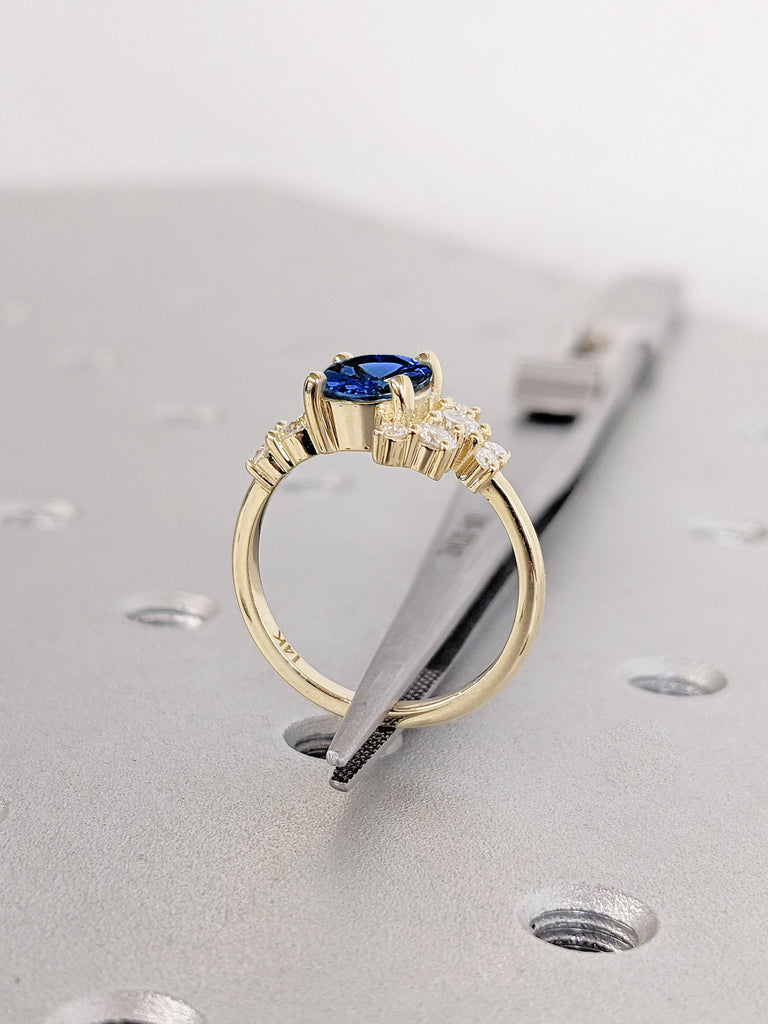 Blue Lab Sapphire Elegant Engagement Ring | Round Diamond Cluster Ring | Unique Sapphire Promise Ring with Asymmetrical Sparkling Diamonds