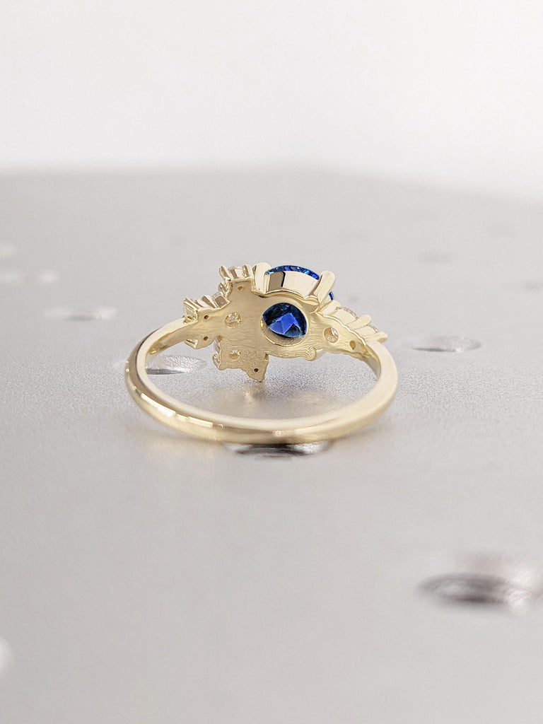 Vintage Sapphire Promise Anniversary Ring Gift for Wife | Moissanite Cluster Ring | Solid Gold Delicate Engagement Ring, Round cut Sapphire