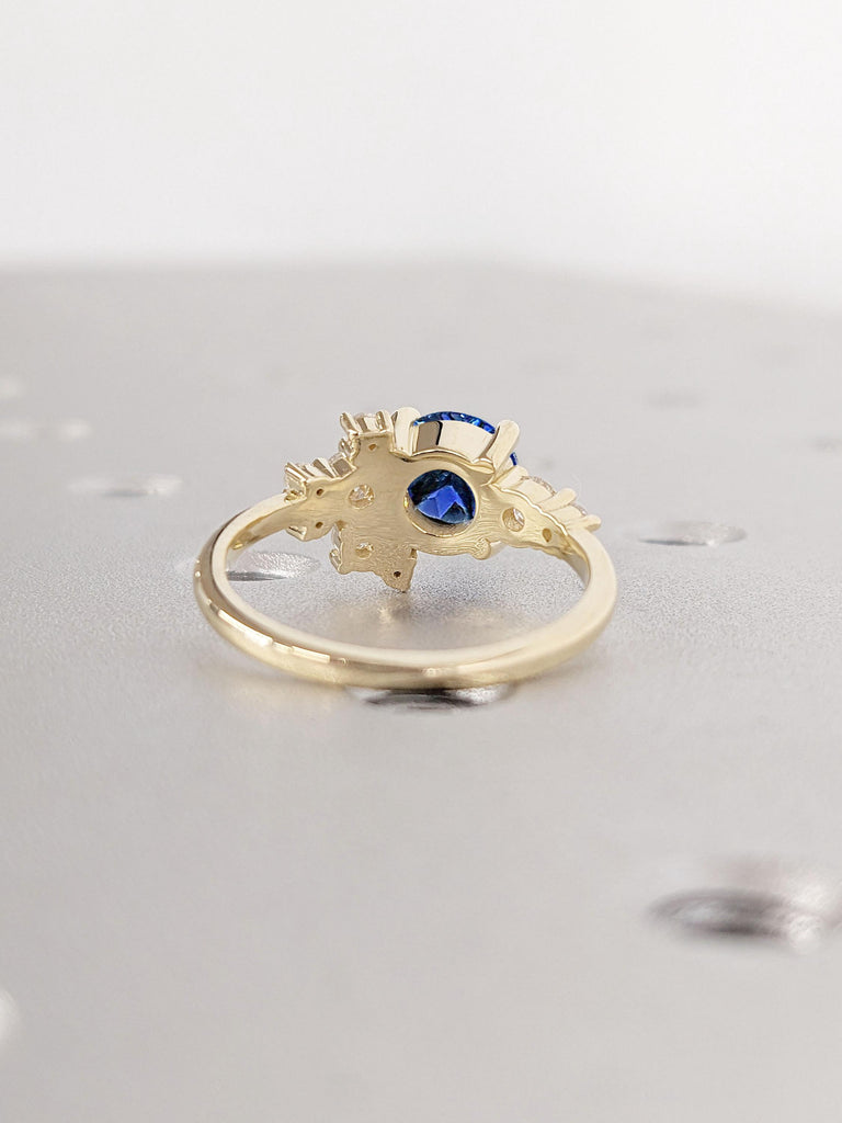 Blue Lab Sapphire Elegant Engagement Ring | Round Diamond Cluster Ring | Unique Sapphire Promise Ring with Asymmetrical Sparkling Diamonds