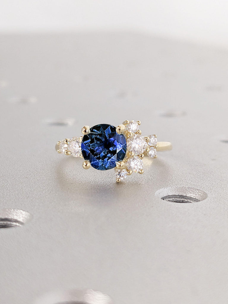 Vintage Sapphire Promise Anniversary Ring Gift for Wife | Moissanite Cluster Ring | Solid Gold Delicate Engagement Ring Round Sapphire