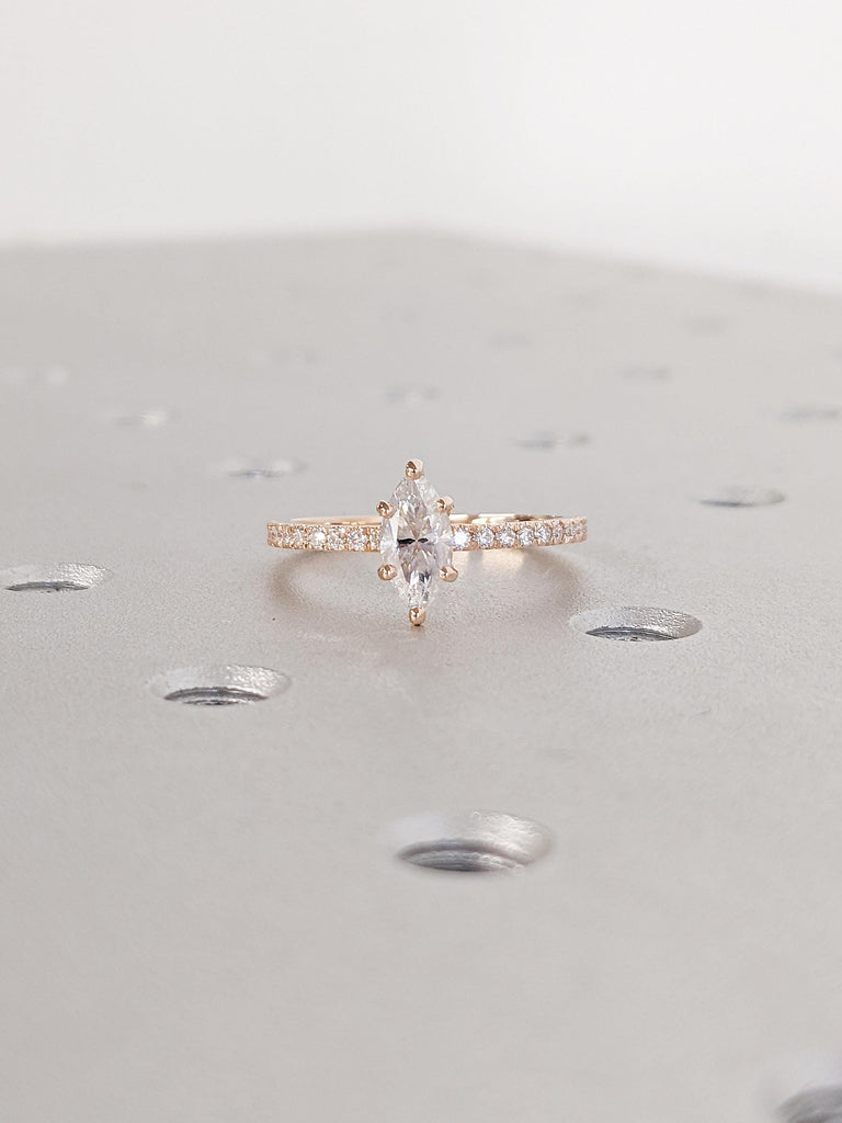 Art Deco Lab Grown Engagement Ring | Dainty 14k Yellow Gold Ring | Unique Anniversary Gift for Her | Half Eternity Diamond Wedding Ring