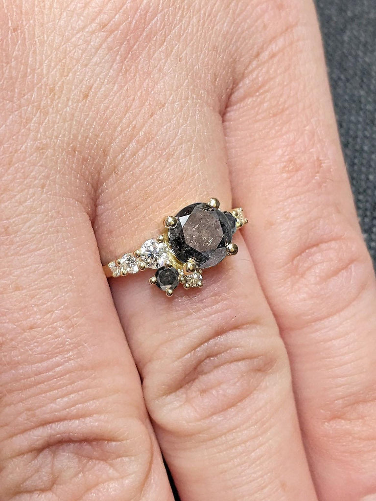 1ct Natural Salt and Pepper Diamond Promise Ring | Solid Yellow Gold Wedding Ring | Woman Bridal Jewelry | Black Diamond Cluster Ring | Grey Galaxy Diamond