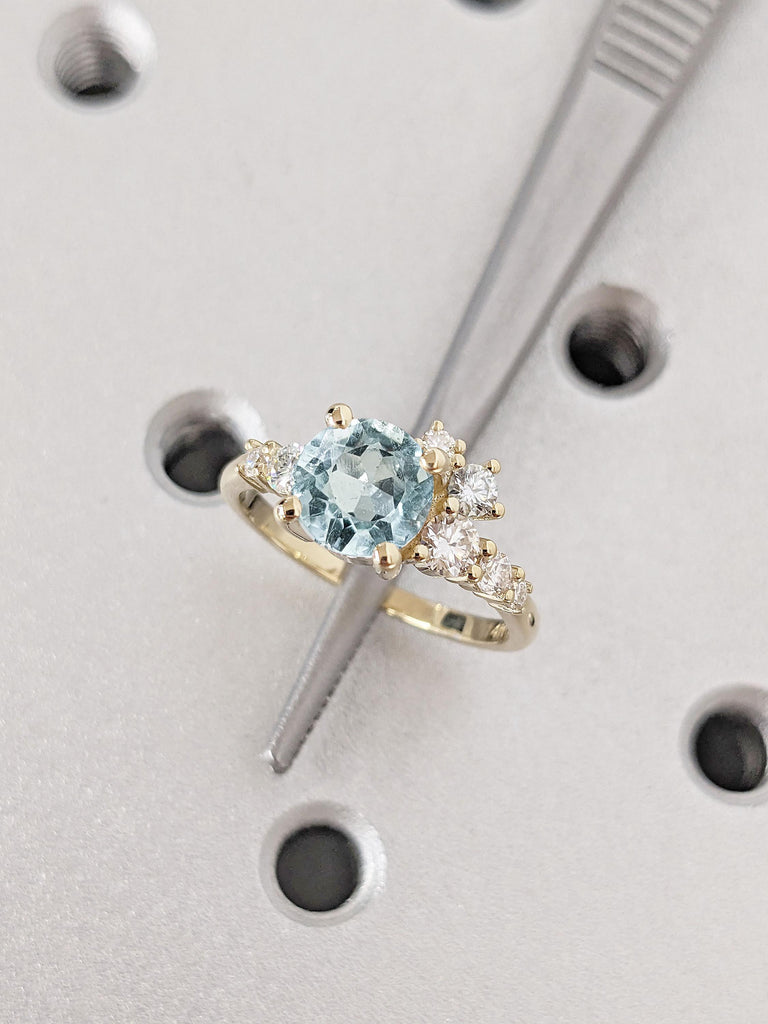 Round cut Aquamarine March Birthstone Ring / Large Diamond Cluster Ring in 14k Gold / Multi Stone Moissanite Ring / Promise Ring in Yellow Gold and Rose Gold by Braverman Jewelry