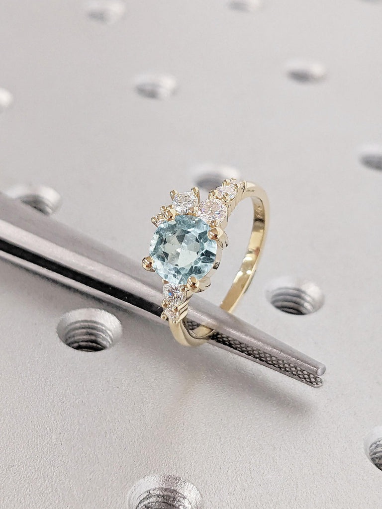 Round cut Aquamarine and Diamond Cluster Ring | Aquamarine Engagement Ring for Her | Unique Proposal Ring | 1, 1.5, 2CT Lab Created Aquamarine Artisan Jewelry