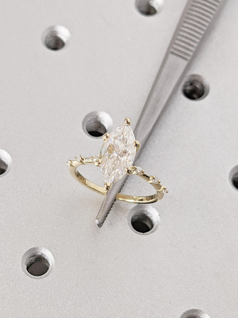 14k Yellow Gold Moissanite Ring | Marquise Cut Wedding Ring | Hidden Halo Anniversary Ring | Art Deco Statement Ring | Birthday Gift for Her