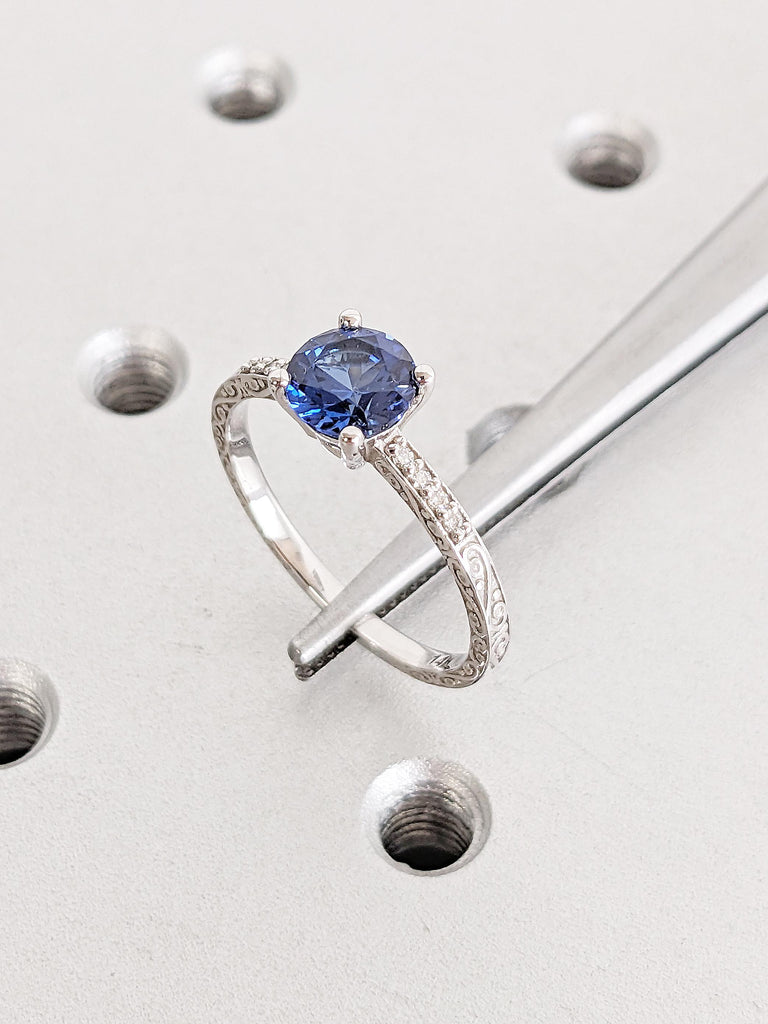 Round Lab Sapphire Engagement Ring, 14k White Gold Ring, Unique Anniversary Rings for Women, Vintage Filigree Promise Ring, Gift for Her