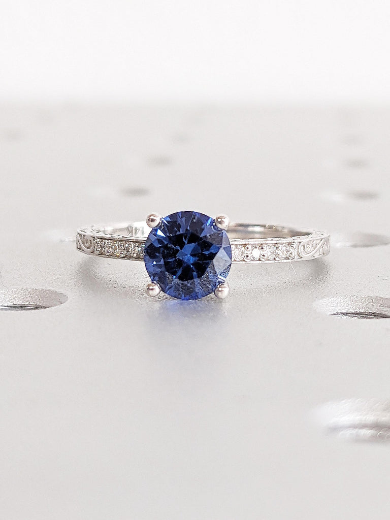 Round Lab Sapphire Engagement Ring, 14k White Gold Ring, Unique Anniversary Rings for Women, Vintage Filigree Promise Ring, Gift for Her