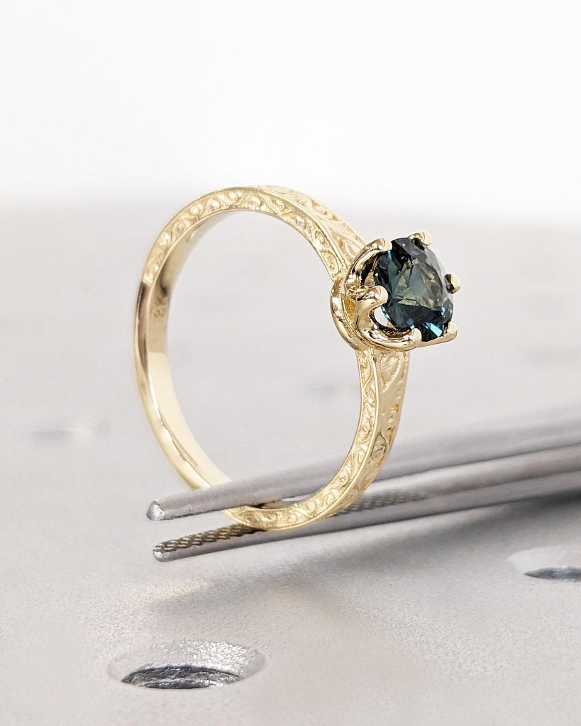 One of a Kind Montana Sapphire Ring, Blue Sapphire Diamond Cluster Ring, Vintage Inspired Blue Sapphire Engagement Ring, 18K Gold Green Teal